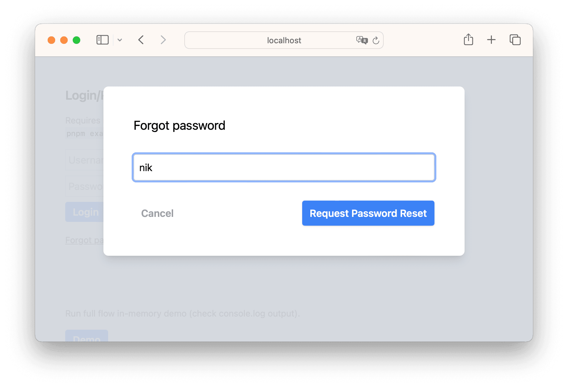 Screenshot of the Forgot Password form showing on username input field