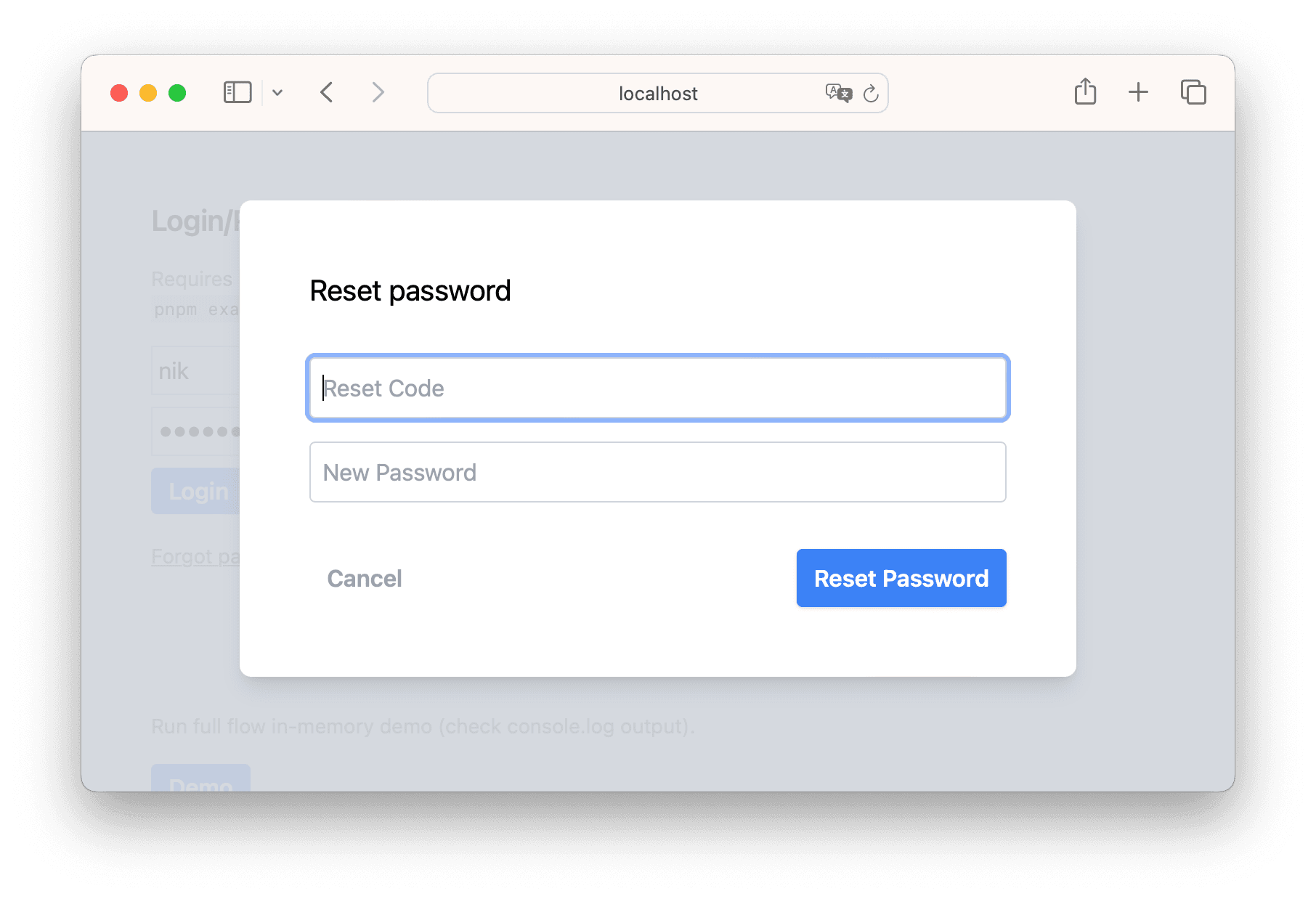 Screenshot of the Reset Password form showing a reset code and new password input field
